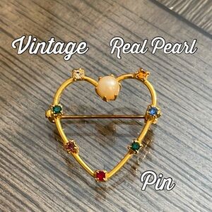 Vintage Elegant Gold Heart Brooch with Multicolor Gems & Real Pearl